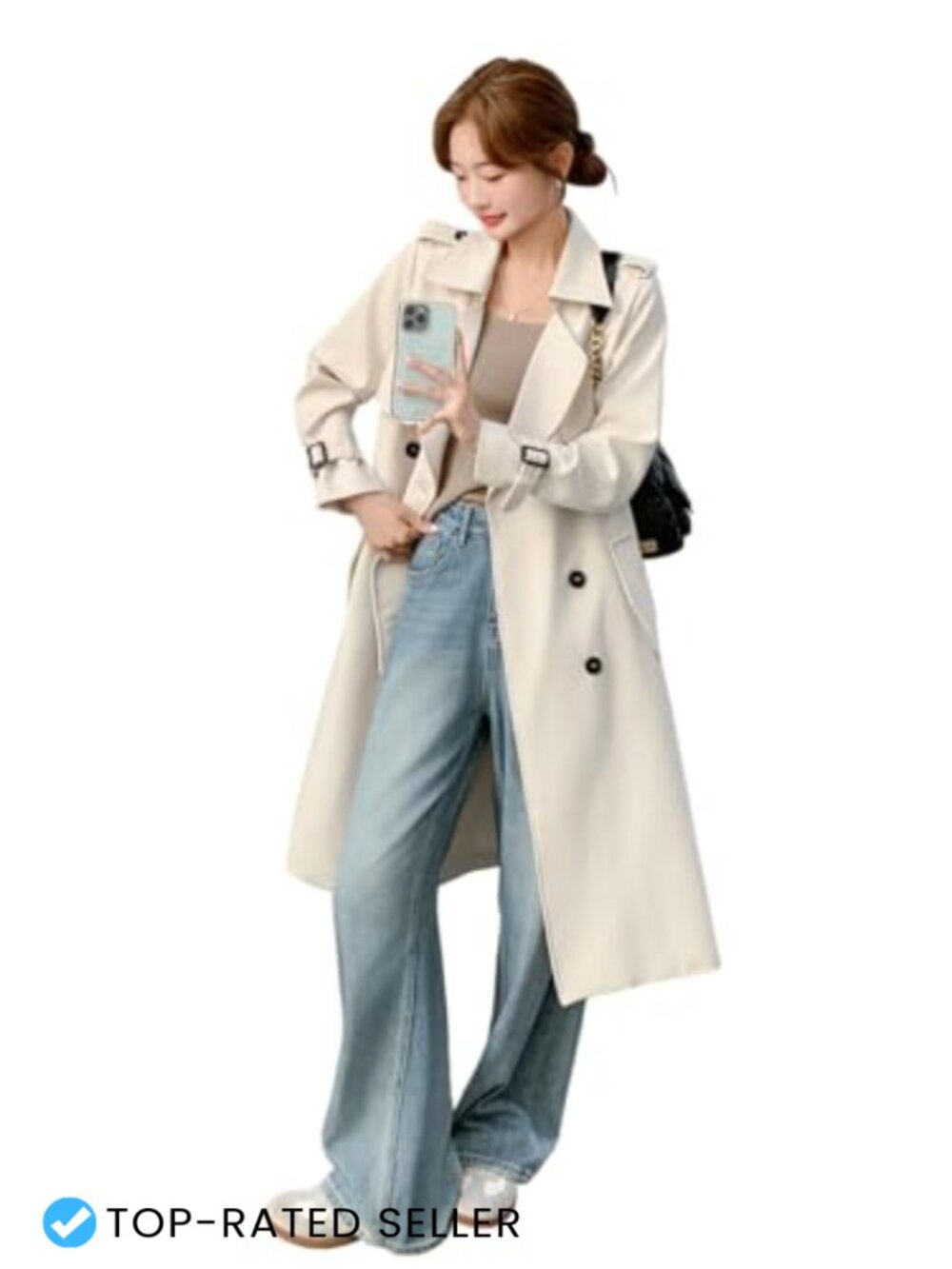 Women's Double Breasted Slim Mid Length Trench Coat with Belt & Flap